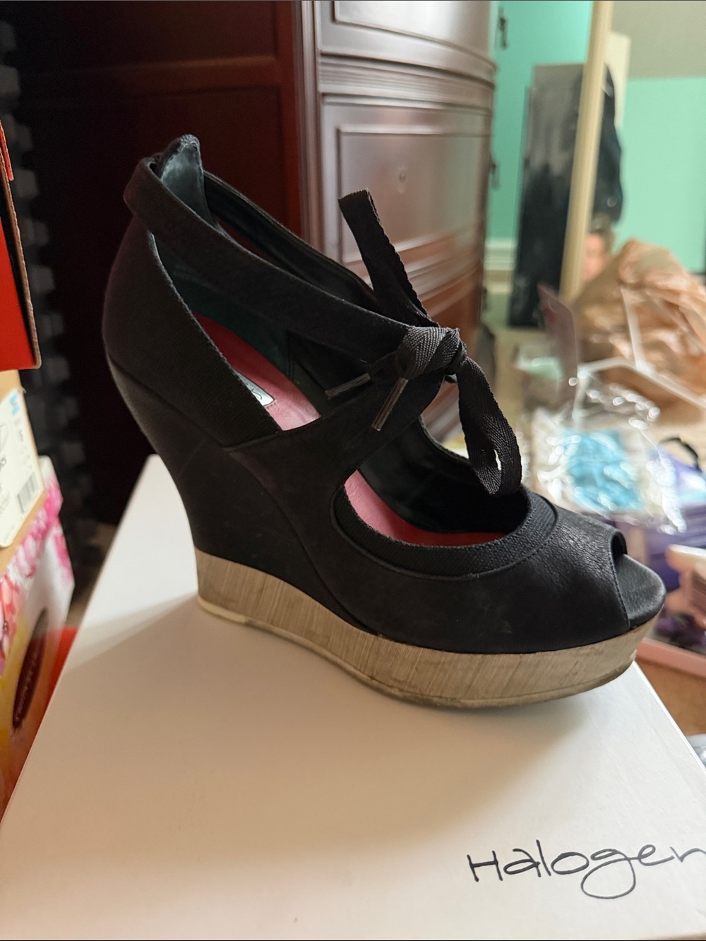 Halogen Black Peep-Toe Tie Wedge with Wood-Effect Platform